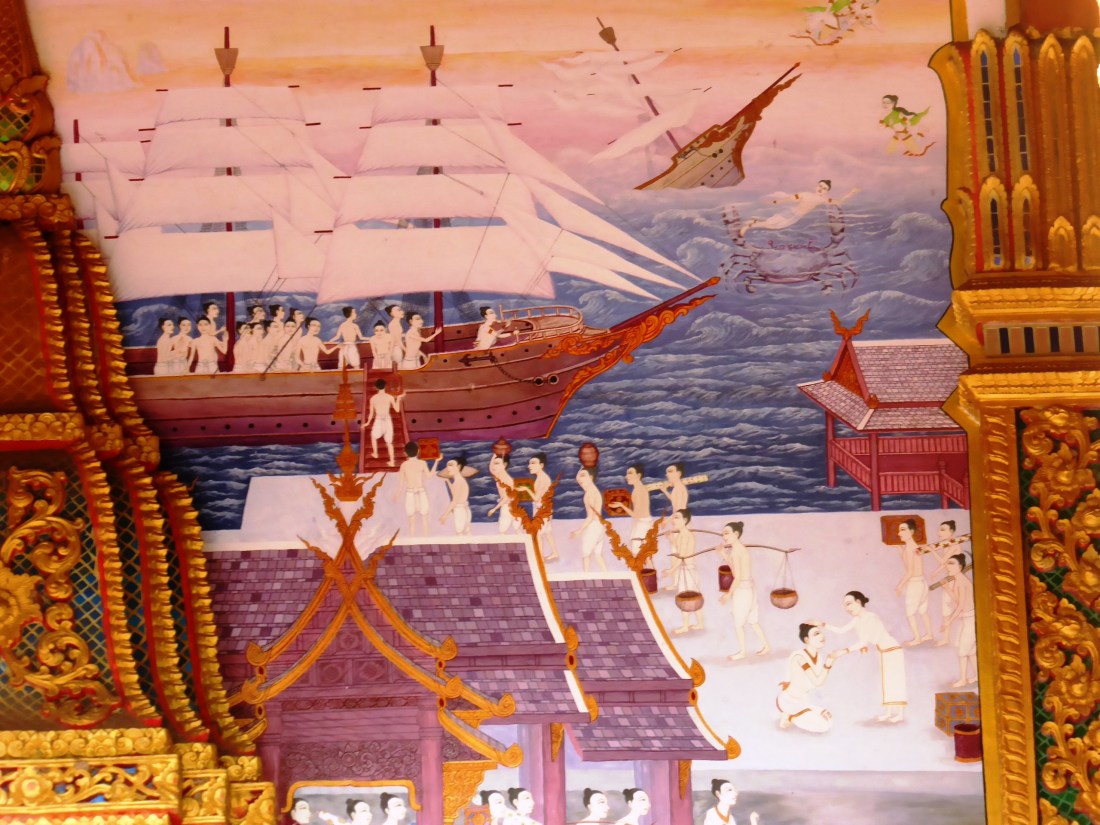 Scene from a temple mural - ocean and ships and we are nowhere near the sea